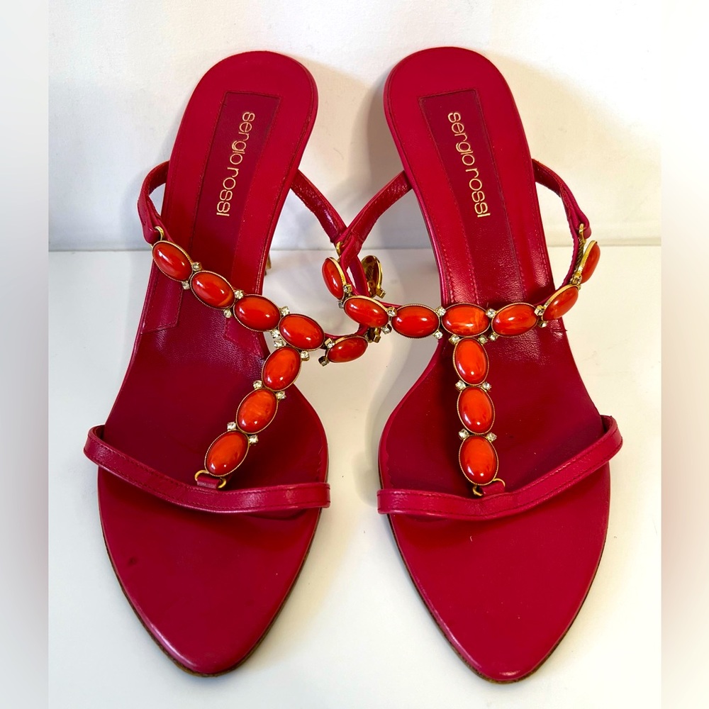 Sergio Rossi Red Crystal and Orange Stone Embellished Sandals, Size 39 - Picture 3 of 16